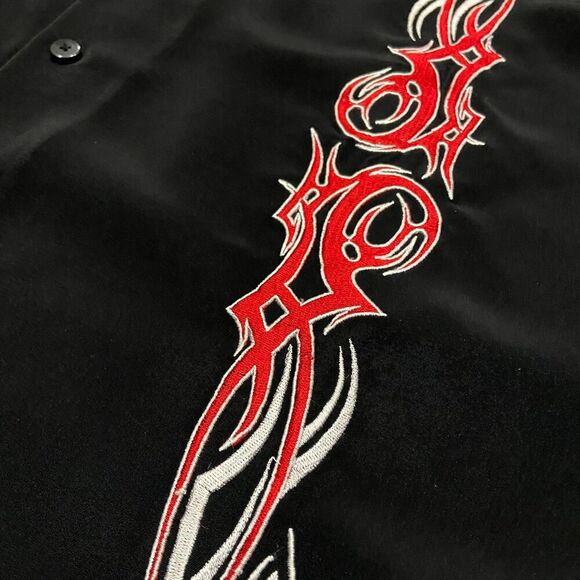 DF Clothing Vintage Y2K Rave Party Tribal Print Black Red Button Down Shirt XL - Picture 4 of 8